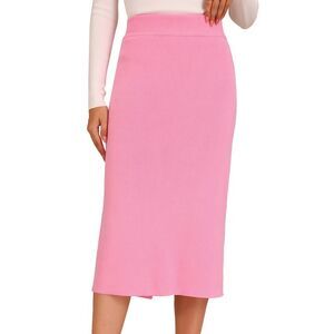 Bodycon Skirt High Waist Rib Knit Split Hem Slit Pencil Skirt Pink